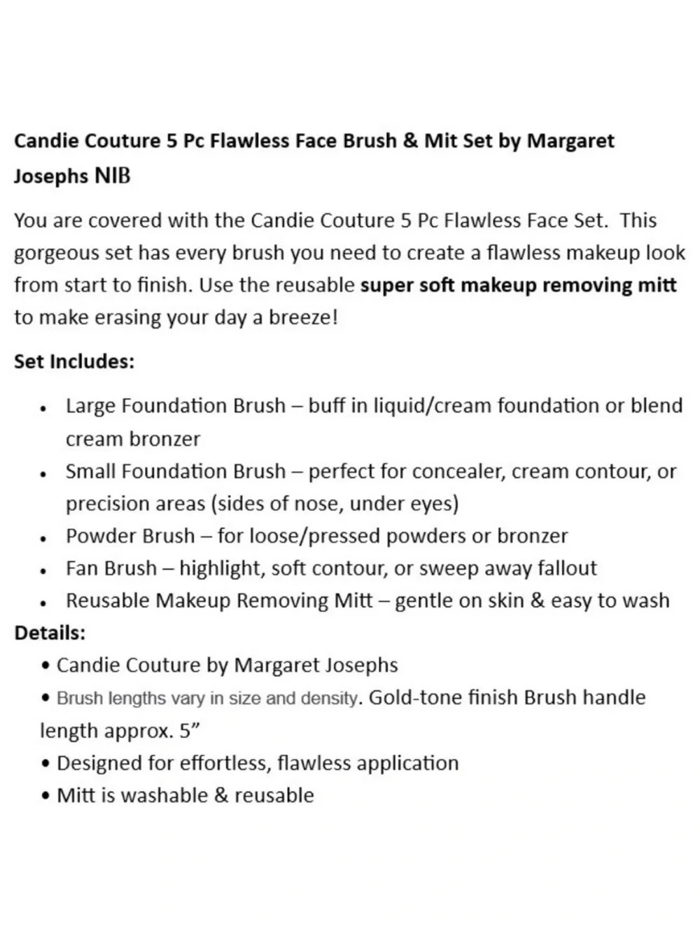 Candie Couture 5 Pc Flawless Face Brush & Mit Set by Margaret Josephs NIB